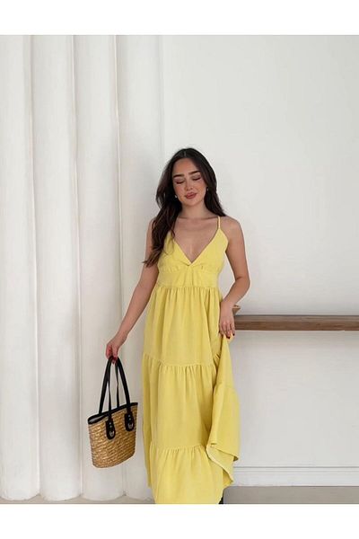 OTAKU Rochie de vară din in, cu bretele subțiri, cu decolteu în V