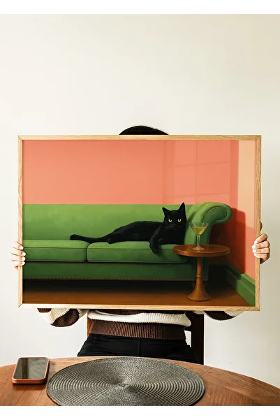 ARTHOUSECOLLECTIVE Αφίσα Martini Cat – Μαύρη γάτα σε πράσινο κάθισμα Κοκτέιλ Εικονογράφηση - Αφίσα χωρίς πλαίσιο