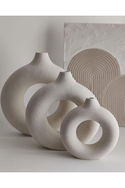 Zigzag Home Decorative 3 Piece Ring Vase Set, White Color Bohemian Style Bagel Vase 3 Pcs Home Decoration