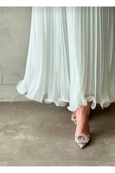 MissPul Belted Flounced Lined Long Pleated Chiffon Skirt