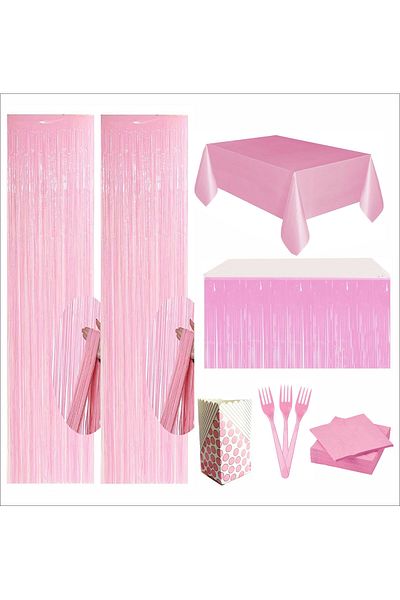 ZENVİVA Pink Tablecloth, Pink Table Skirt, Pink Backdrop, Napkin, Fork, Corn Box