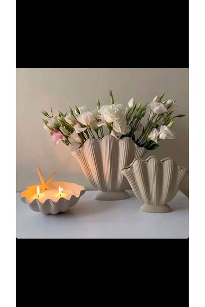 Zigzag Home Decorative 2 Pieces Oyster Vase Set Large Size and Small Size Bohemian Style Oyster Vase White Color