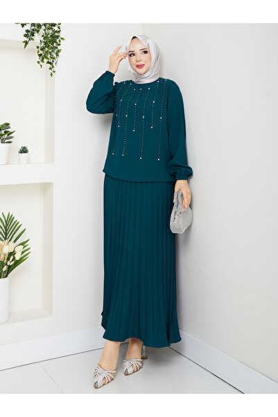 asyadabutik Fusta cu mărgele cu strasuri, țesătură creponată cu volane, costu...