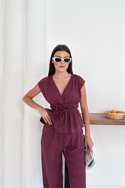 MOZENA Seersucker Fabric Double Set with Tie Detail