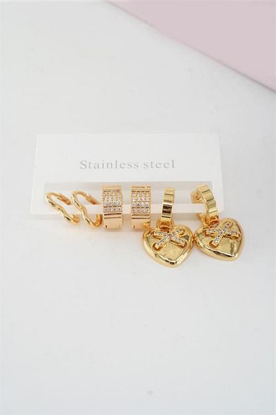 By Zeyna Aksesuar Women's Vip Series Baguette Zircon Stone Heart Model Clip-On Set of 6 Earrings