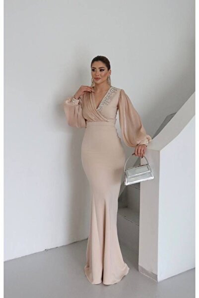 Monchoix Kadın Kruvaze Sim Detaylı Kolları ve Göğüs Çaprazı Şifonlu Tam Boy Abiye Elbise