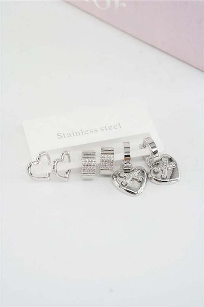 By Zeyna Aksesuar Women's Vip Series Baguette Zircon Stone Heart Model Clip-On Set of 6 Earrings