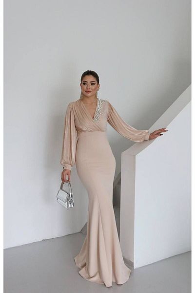 Monchoix Women's Double Breasted Glitter Detail Full Length Evening Dress with Sleeves and Bust Cross Chiffon