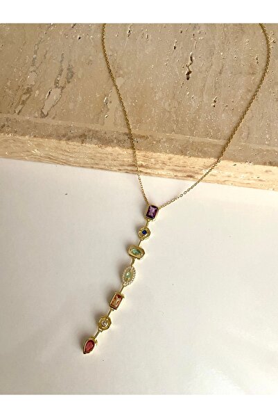 Moon قلادة نسائية من الفولاذ الذهبي على شكل حرف Y مرصعة بالأحجار الملونة