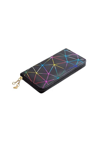 OEM Long wallet for women, PU leather, minimalist, geometric with zipper - Black/Multicolor