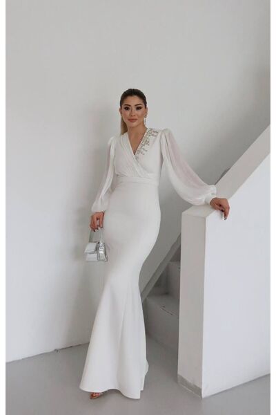 Monchoix Kadın Kruvaze Sim Detaylı Kolları ve Göğüs Çaprazı Şifonlu Tam Boy Abiye Elbise