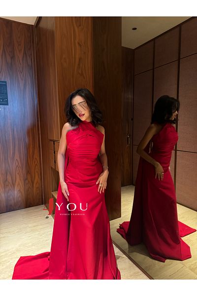 4YOU Red dress featuring a cross neckline and a long cape at the back