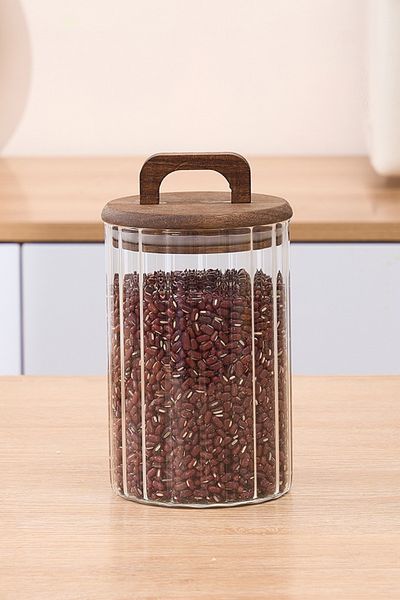 Meturas 950ml Borosilicate Glass Jar – Acacia Lid, Striped, Leakproof Silicone with Handles