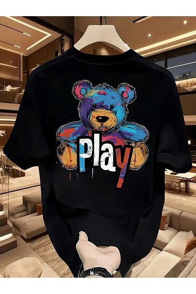 qubo sportswear & company Tricou negru cu mânecă scurtă, unisex, din bumbac, cu imprimeu supradimensionat