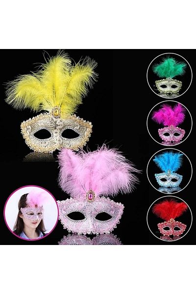 PRATİKOBA Pink Lace Embroidered Pink Feather Prom Party Mask 17x20 Cm