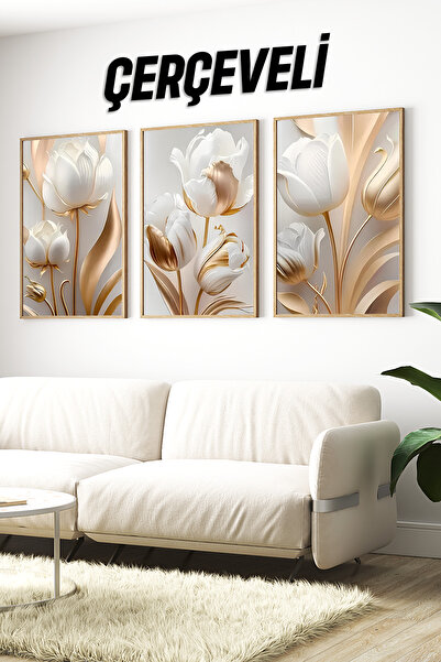 kutuTR ✨ Altın Beyaz Lale Desenli 3’lü Çerçeveli Tablo Seti 🌿 CRV1115