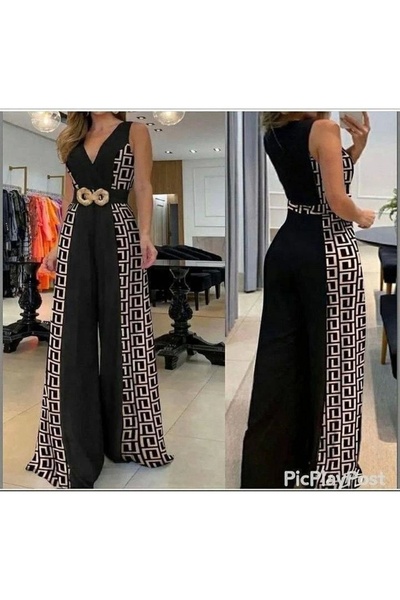 Cbm Women's Low-Cut Buckle Detail Digital Printed Jumpsuit
