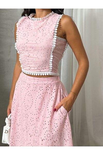 ZTO Women's Brode Fabric Lace Detail Lined Skirt Bluz Double Set