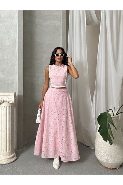 ZTO Women's Brode Fabric Lace Detail Lined Skirt Bluz Double Set