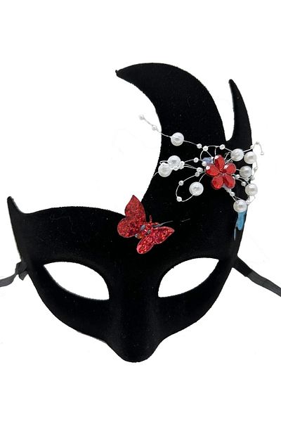 PRATİKOBA Black Color Pearl and Stone Suede Coated Venetian Party Mask 20x22 Cm