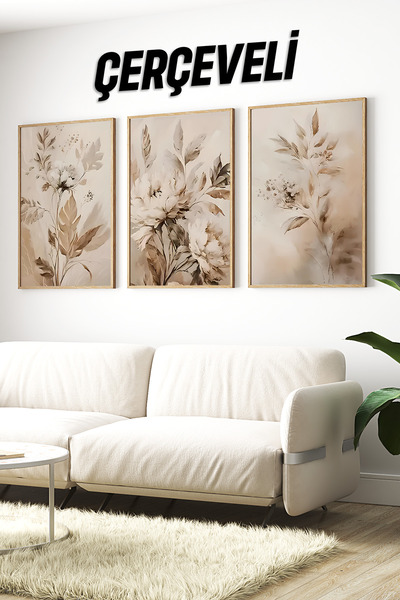 kutuTR 🌿 Bohem Tarzda Çiçek Desenli 3’lü Ahşap Çerçeveli Tablo Seti🌿 CRV1119
