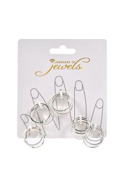 OEM Set of 15 Women's Rings with Strass Pattern, Silver - Size: M