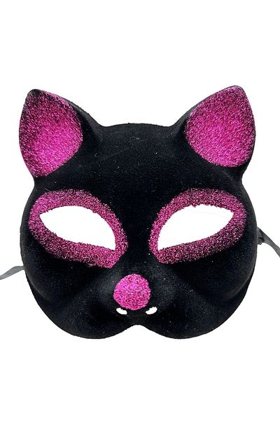 PRATİKOBA Black Fuchsia Glitter Suede Coated Cat Mask 18x14 Cm