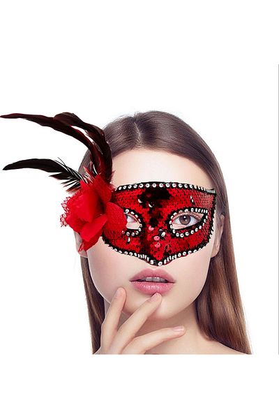 PRATİKOBA Red Color Sequin Mask with Side Feathers and Roses and Silver Stones 20X22 cm