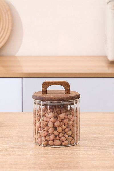 Meturas 650 ml High Borosilicate Glass Jar – Acacia Lid, Striped, Handles