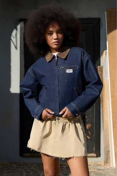 september island Dark Navy Velvet Collar Detailed Denim Oversize Lined Coat