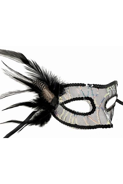 PRATİKOBA Black color side feathers sequin embroidered party mask 23x12 cm