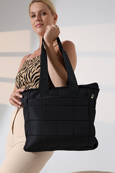 Encool Μαύρη καπιτονέ 2 θέσεων ύφασμα πουφ μεγάλου μεγέθους γυναικεία τσάντα ώμου