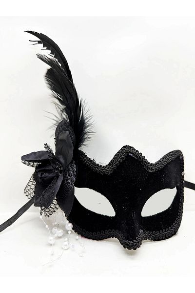 PRATİKOBA Black color with side feathers white pearls suede finish a quality luxury party mask 20x23 cm