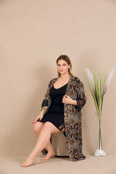 Viselya Set de dantelă cămăși de noapte leopard negru, mărime mare bumbac moale