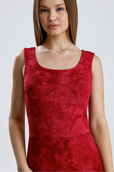 Sense Sleeveless Square Necklace Knitted Viscosse Dress |   Elb36253 Burgundy Batik