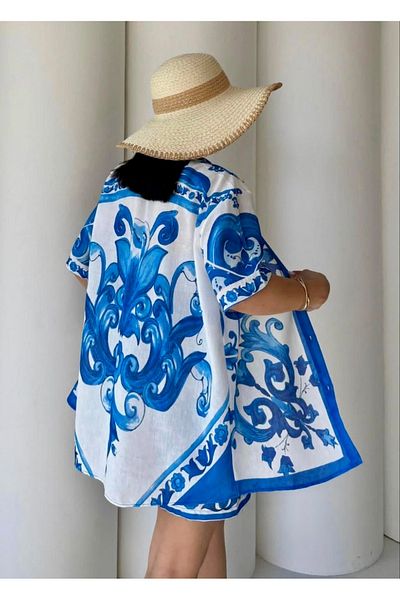 HandCo Linen Patterned Shirt Shorts Summer Double Set |   Comfortable and Spacious Mediterranean Combination