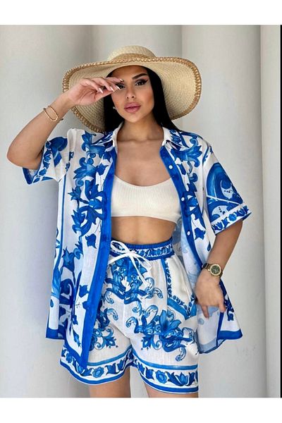 HandCo Linen Patterned Shirt Shorts Summer Double Set |   Comfortable and Spacious Mediterranean Combination