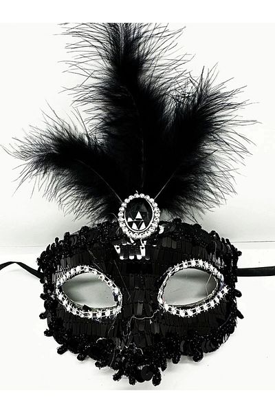 PRATİKOBA Black Color Sequined Sequined Feather Party Mask 17X20 cm