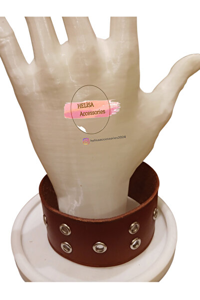 HELİSA ACCESSORİES سوار فضي من الجلد الطبيعي للجنسين عالي الجودة باللون البني...