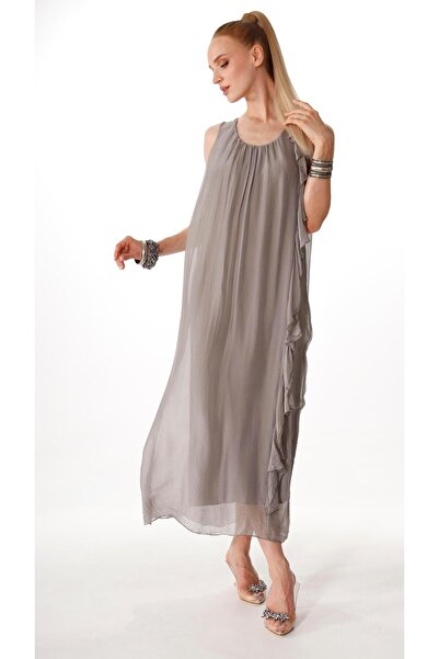 shE tekstil İtalyan Sıfır Kol İpek Elbise Gümüş