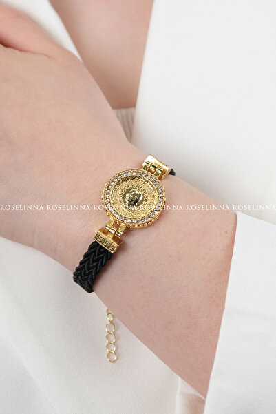 ROSELİNNA Çeyrek Çerçeveli Bileklik, Siyah Örme Desenli Ayarlanabilir Kararma...