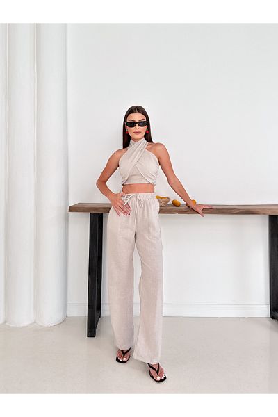 Belle Perre Women's Linen Blouse Lace-Up Trousers Double Suit