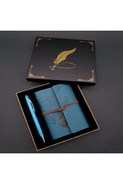 PRATİKOBA Metal Pen And Blue Leather Notebook