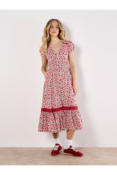 Apricot Ditsy Floral Button Down Midikleid