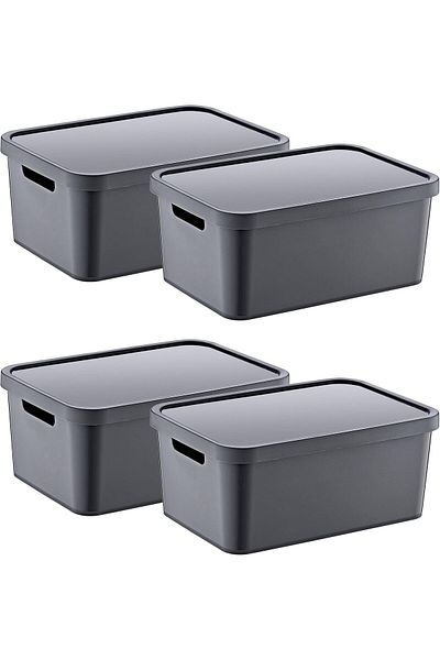 Mena Rise Şirinshop Set of 4 Stafi Multi-Purpose Box with Lid Anthracite 4,5 Lt - Anthracite, Multi-Purpose Box