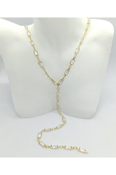 ndjewelry Gold Renk Beyaz Taşlı Y Kolye (42+5 cm)