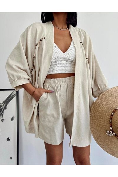 HandCo Women's Beige Kimono Shorts Set |   Comfortable Stylish Summer Combination