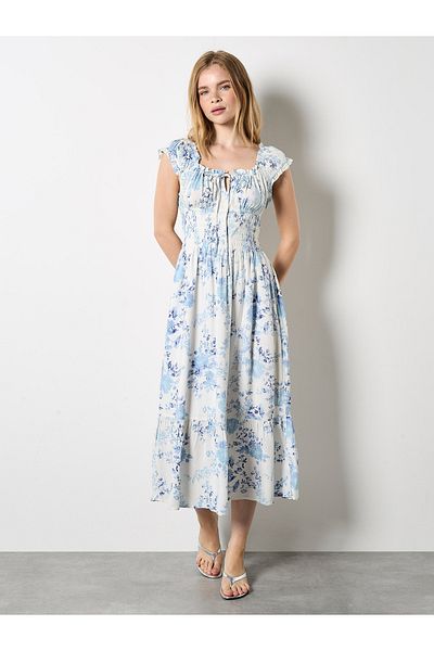 Apricot Floral Smocked Midi Dress