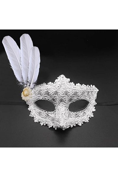 PRATİKOBA White Color Feather Lace Eyes Stones Prom Party Mask