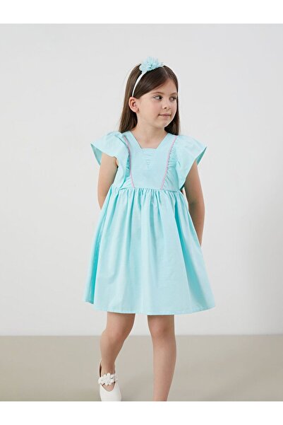 LC Waikiki Lcw Kids Turquoise Square Neck Linen Look Girls' Dress